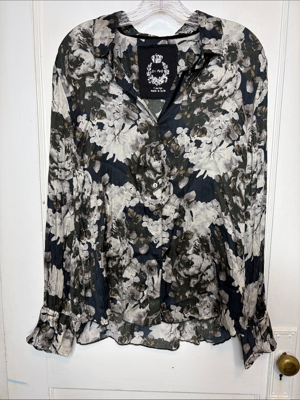 Cino Burnt Bouquet Obsidian Shirt Viscose Crinkle Button Down Size XL